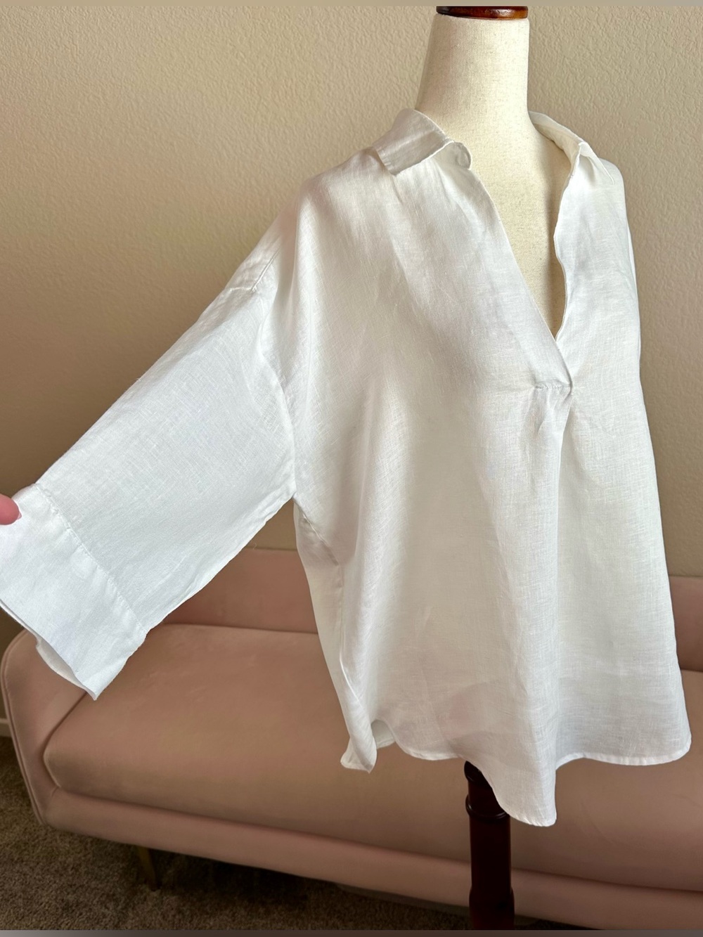 Monoprix Premium Linen Tunic Top Crisp White Linen Collar V-Neck Women’s S Roomy